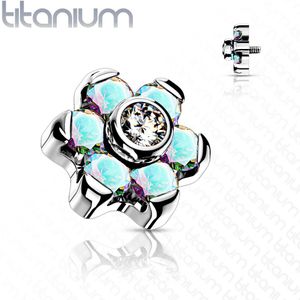 Intern Geschroefde Titanium Bloem Top met Gekleurde Steentjes en Heldere Kern - 1.2 mm - Aurora Borealis - 5 mm