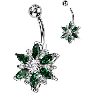 Kristallen Bloem Navelpiercing met Markies geslepen blaadjes  - Zilver - Emerald