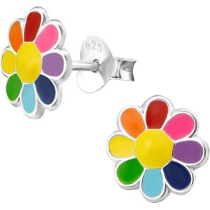 Zilveren oorbellen voor kinderen met regenboog bloem