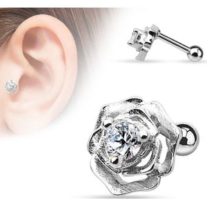 Helix piercing met roosje en kristal - zilver