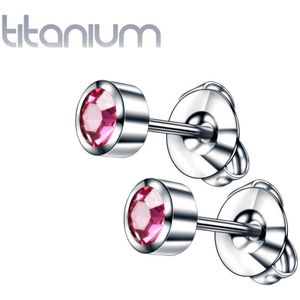Paar oorknopjes van massief titanium met kristal - Roze