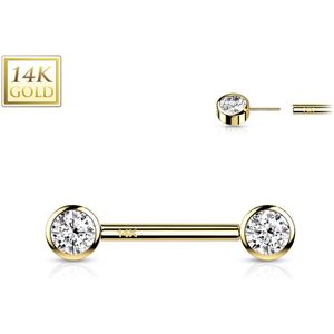 Threadless Tepelpiercing met Bezel set Kristallen van 14 Karaats Goud - Goud - 14 mm
