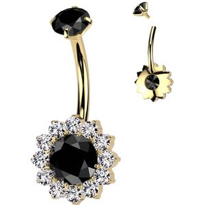 Intern Geschroefde Titanium Navelpiercing met Bloem en Grote Gecentreerde Steen - Goud - Zwart