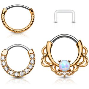 Set met drie gekleurde piercing ringen en retainer - rosé goud