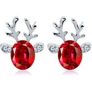 Rendier vormige oor stud met groot gekleurd kristal - Rood