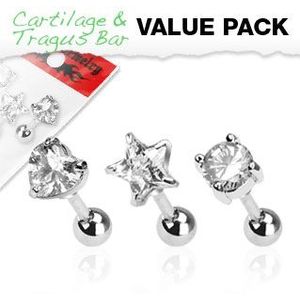 Set van drie tragus piercings met helder kristal figuren