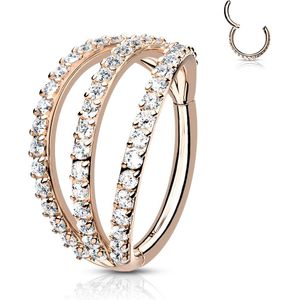 Piercing ring met vast segment en 3 lagen kristallen – 8 mm – Rosé Goud