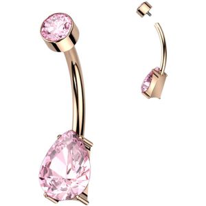 Intern geschroefde titanum navelpiercing met Prong Set peervormig steentje - Rose Goud - 10 mm - Roze
