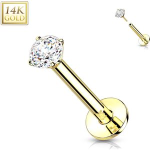 Massief Gouden Threadless Labret met Platte Achterkant en Prong Set Kristal Top