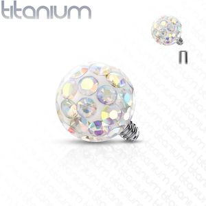 Intern geschroefde massief titanium piercing bal met epoxy kristallen - 1.2 mm – Aurora Borealis – 4 mm