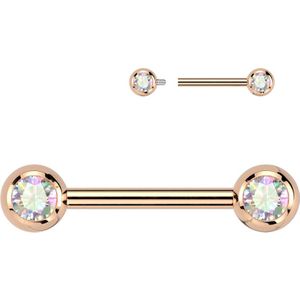 Intern Geschroefde Titanium Tepelpiercing met Front Facing Steentjes - Rose Goud - 12 mm - Aurora Borealis