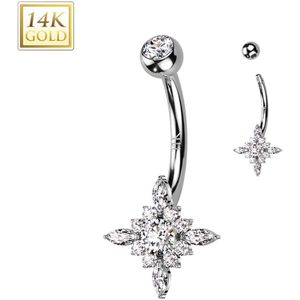 14 Karaats Gouden navelpiercing met Markies geslepen Ster steen - Witgoud - Helder