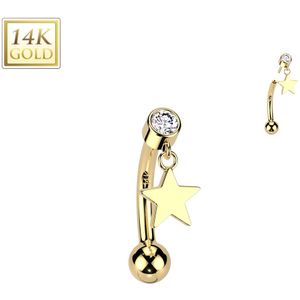 Threadless 14Kt Gouden Wenkbrauw Piercing met Rond Steentje en Hangend Sterretje - Goud