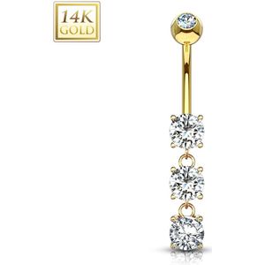 14Kt. gouden navelpiercing met drie kristallen aan gouden hanger - geel goud