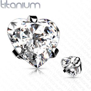 Intern geschroefde titanium top met prong set kristallen hartje - 1.6 mm