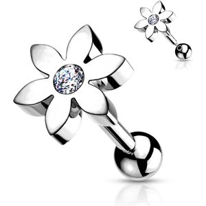 Gekleurde Chirurgisch Stalen Cartilage Piercing met Bloemtop en Helder Steentje - Zilver