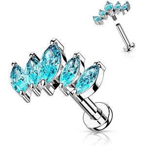 Interne Labret Stud met top van 5 Markies geslepen Kristallen - Zilver - 6 mm - Aqua
