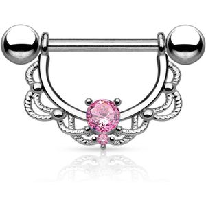 Tepelpiercing met gekleurd kristal in stalen schild - roze