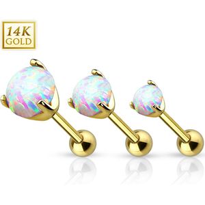 14Kt. gouden tragus piercing met rond Opaal kristal - 3 mm
