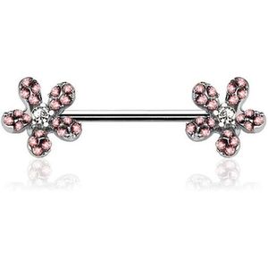 Tepelpiercing met Roze Kristallen Bloemen - Zilver