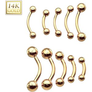14Kt. gouden gebogen barbell met balletjes - 1.6 mm – 6 mm – 3 mm