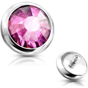 Intern geschroefde piercing disc top met bezel set kristal - 1.6 mm – Roze – 4 mm