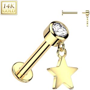 14kt. Gouden Intern Geschroefde Labret met Bezel Set Kristalletje en Hangend Sterretje - Goud - 6 mm
