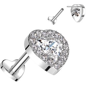 Titanium Threadless Hartvormige Labret met Harten Kristallen top - Zilver - 1 mm - Helder
