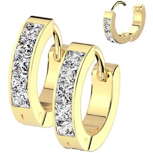 Hinged Oorringen bezet met Vijf Vierkante Steentjes - Goud