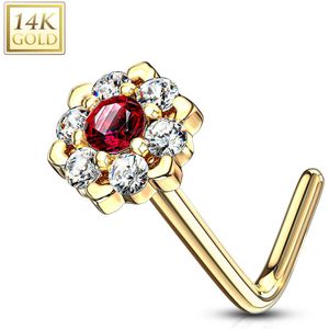 14 kt. neus stud met helder en gekleurde kristallen bloem – Geel Goud - Rood