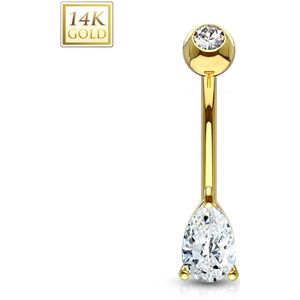 14Kt. gouden navelpiercing met helder droplet kristal - Geel Goud - 6 mm
