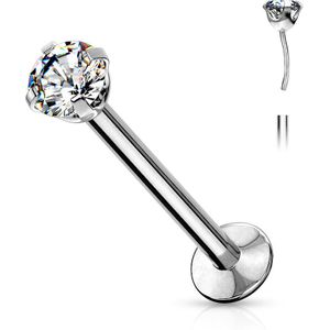 Stalen Labret met een Threadless Prong Set Helder Kristal - 1.2 mm – 10 mm – 4 mm
