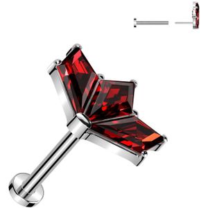 Threadless Titanium Labret met Waaier Top van 3 Kite Geslepen Steentjes - Rood