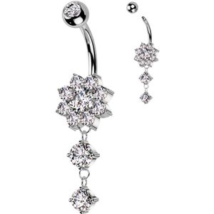 Navelpiercing met Steentjes Bezette Bloem en Hanger met Twee Kristalletjes - Zilver