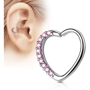 Piercing ring met hartvorm en roze kristallen - Links