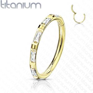 Titanium piercing ring met vast segment en rechthoekige kristallen – 8 mm – Goud