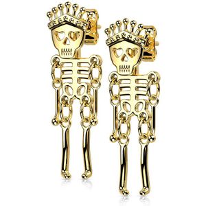 Gekleurde Chirurgisch Stalen Oorknopjes met Skelet Figuur Hanger - Goud