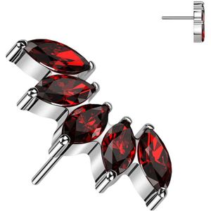 Threadless Titanium met 5 markies geslepen kristallen - Zilver - Rood