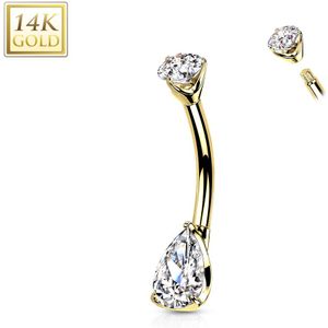 Massief Gouden Navelpiercing met Traanvormig Steentje - Geel Goud - Helder
