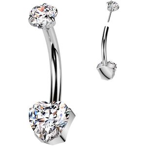 Threadless Titanium Navelpiercing met Twee Hartvormige Steentjes - Zilver - 11 mm