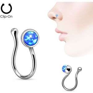 Neppe clip on neuspiercing met ronde Opaal blauw kristal