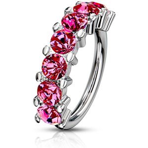 Multifunctionele piercing ring met zeven gekleurde kristallen – 1.0 mm – Zilver – Roze