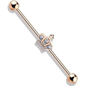 Industrial barbell met kristallen kroon center - Rosé Goud