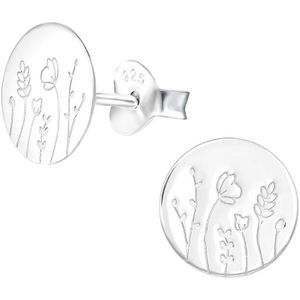Zilveren disc Oor studs met gegraveerde bloemen