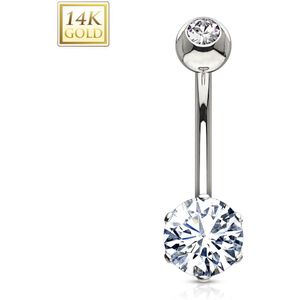 14 Kt. gouden navelpiercing met 6 mm geruit helder kristal – Wit Goud