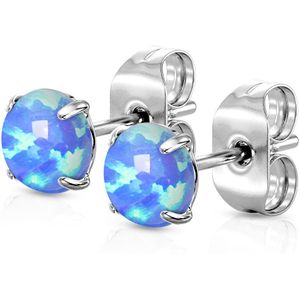 Paar oorbel studs met prong set opaal steen – 5 mm – Opaal Blauw