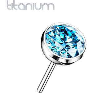 Gekleurde Massief Titanium Threadless Top met Gekleurde Steentje - Zilver - Aqua - 2 mm