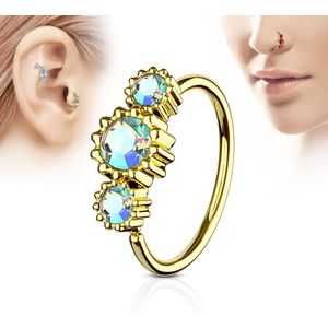 Gouden piercing ring met drie aurora borealis ronde diamantjes