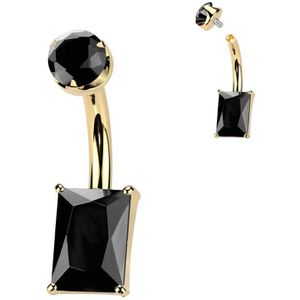 Intern Geschroefde Titanium Navelpiercing met Rechthoekige Natuursteen - Goud - Zwart Agate