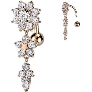 Omgekeerde bloemkristal navelpiercing met luxe hanger - Rose Goud